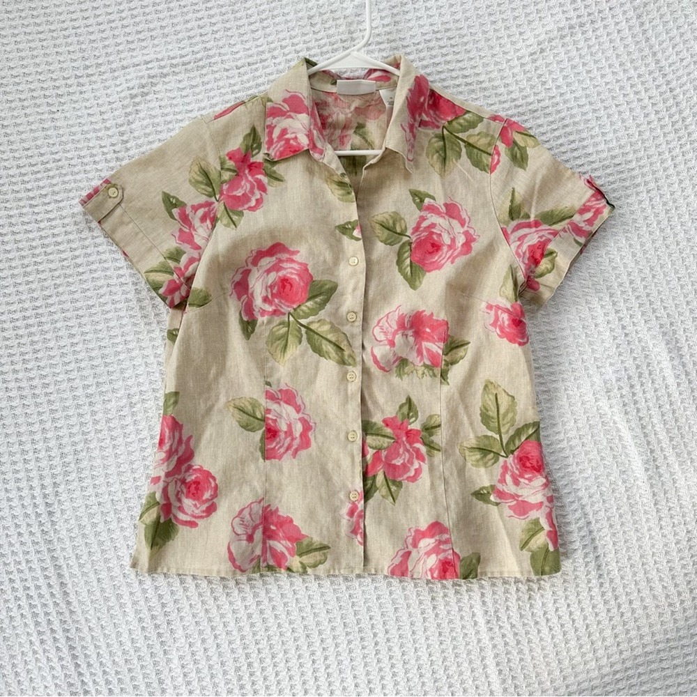 Liz Claiborne Women's 100% Linen Floral Dutton Up Collared Shirt Hawaiian Sz 10